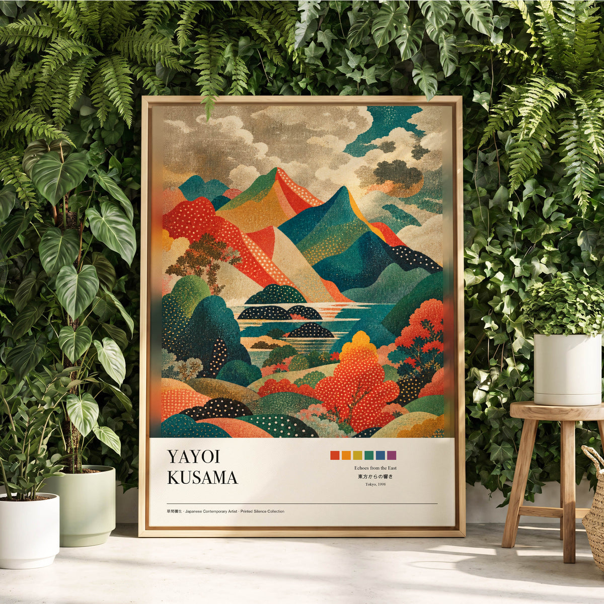 Dotted Mountain Reverie, green, red, beige nature wall art displayed in a styled interior, gallery view 2