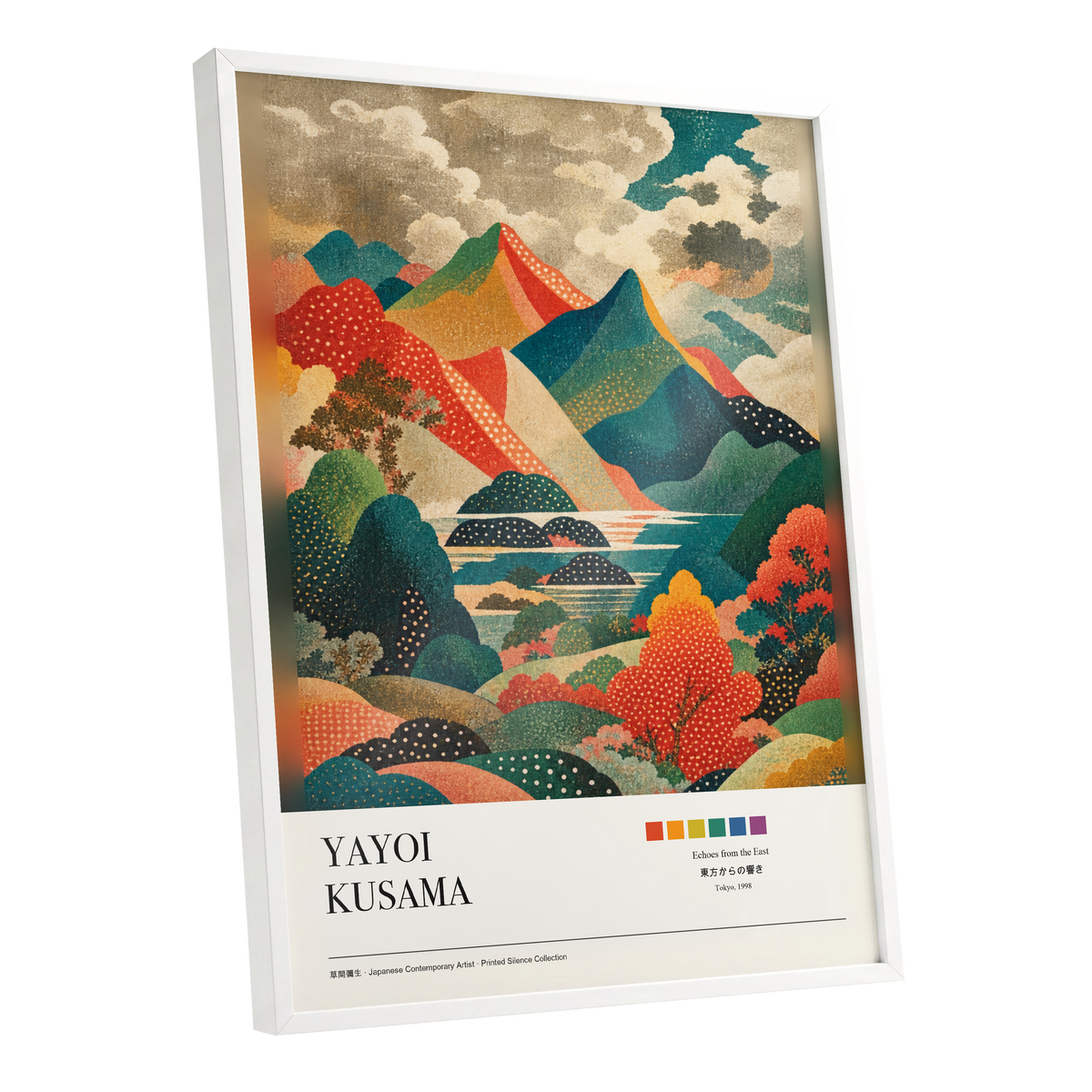 Dotted Mountain Reverie, green, red, beige nature wall art shown as a white framed poster wall art print