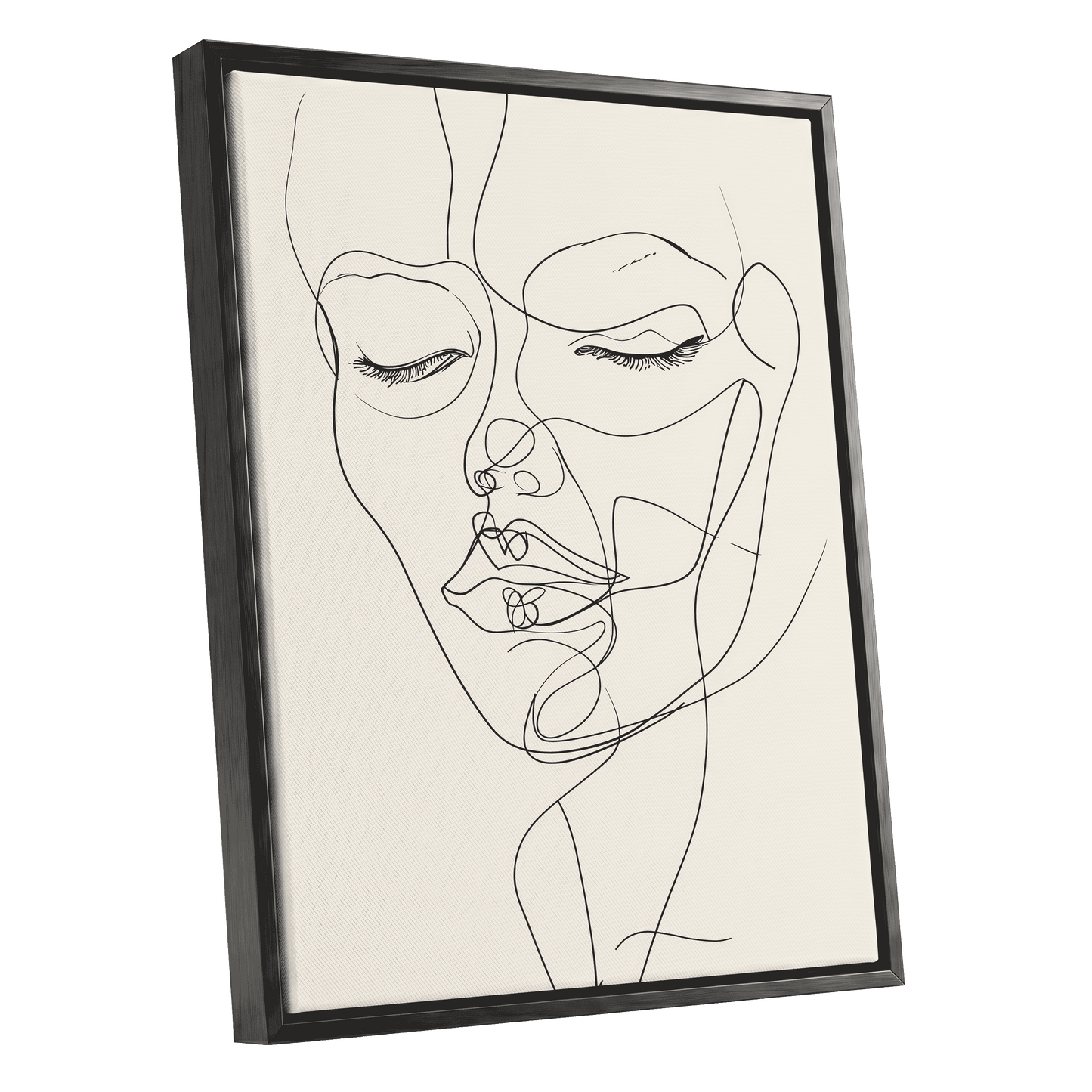 Double Portrait in Line, black, beige minimalist wall art shown as a black framed canvas wall art