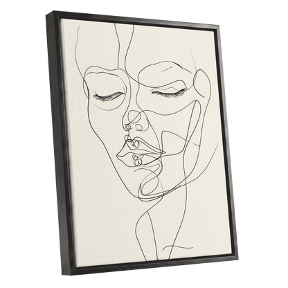 Double Portrait in Line, black, beige minimalist wall art shown as a black framed canvas wall art