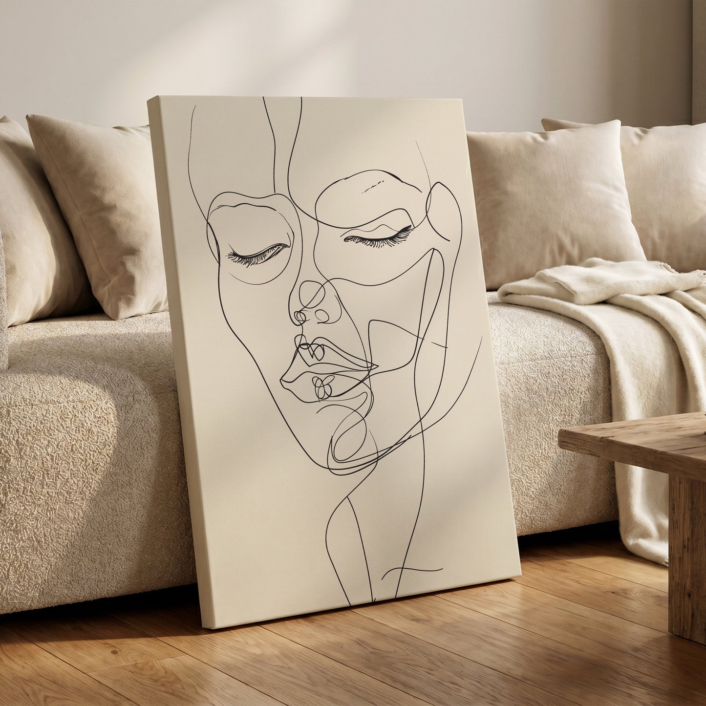 Double Portrait in Line, black, beige minimalist wall art on canvas displayed in a styled interior, gallery view 1