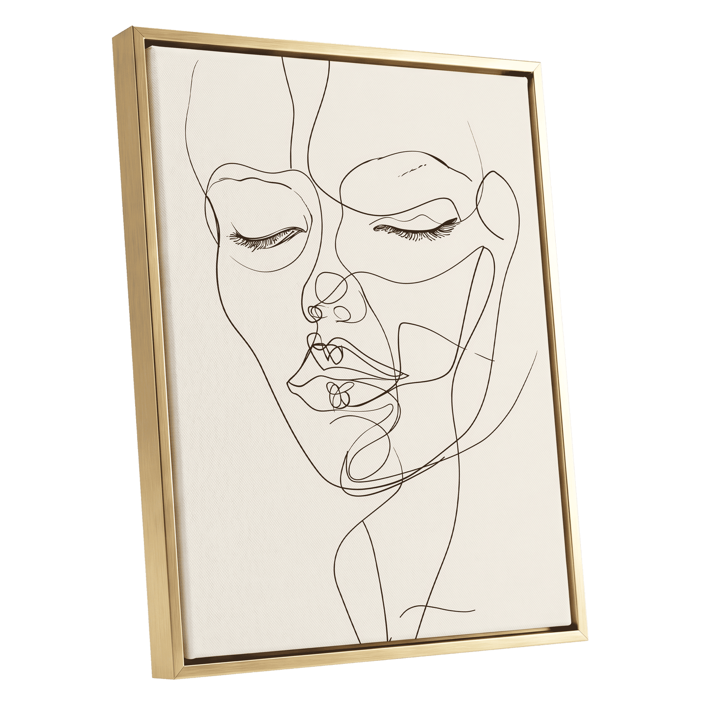 Double Portrait in Line, black, beige minimalist wall art shown as a gold framed canvas wall art