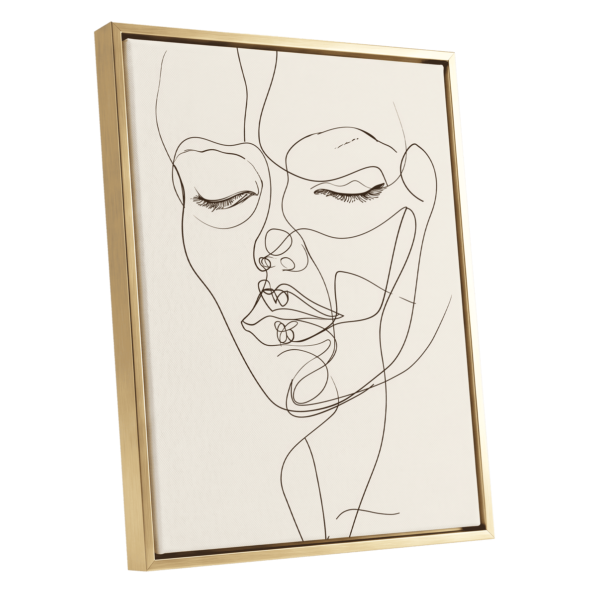 Double Portrait in Line, black, beige minimalist wall art shown as a gold framed canvas wall art