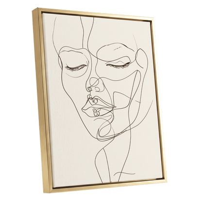Double Portrait in Line, black, beige minimalist wall art shown as a gold framed canvas wall art