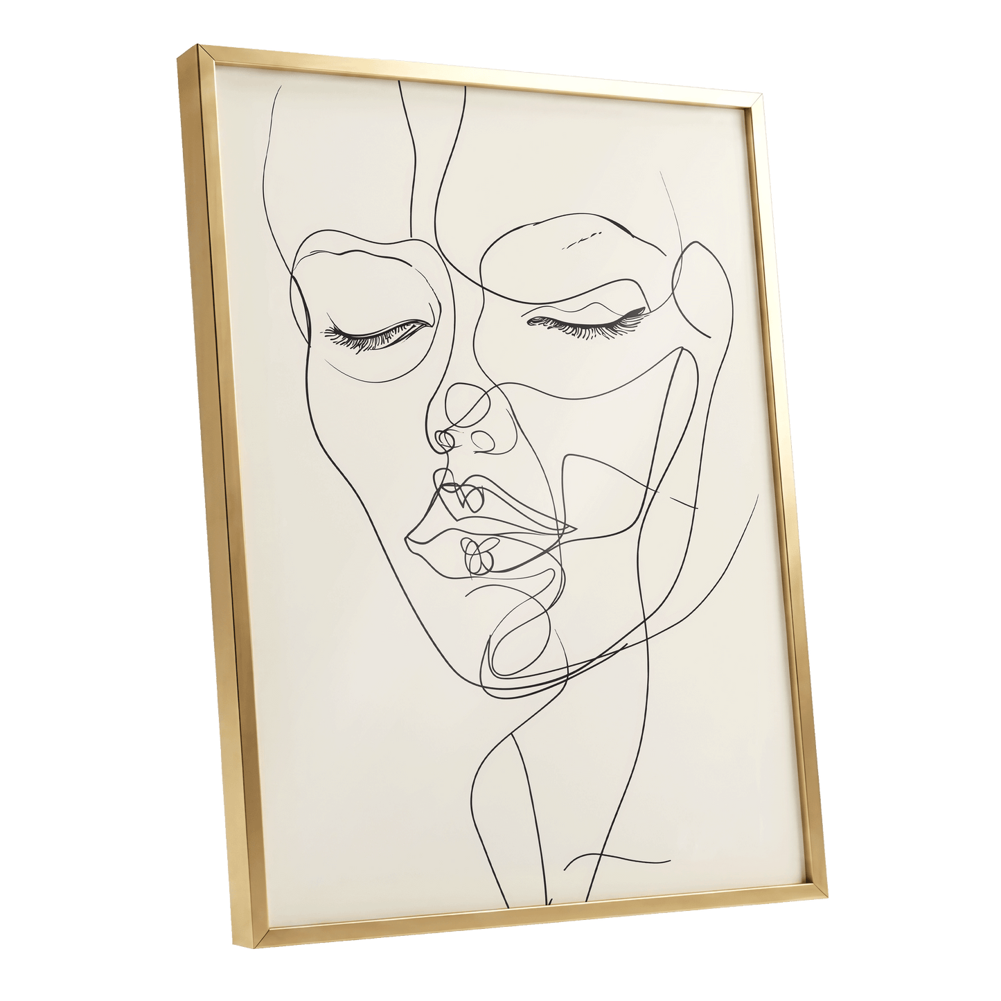 Double Portrait in Line, black, beige minimalist wall art shown as a gold framed poster wall art print