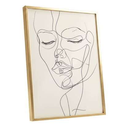 Double Portrait in Line, black, beige minimalist wall art shown as a gold framed poster wall art print