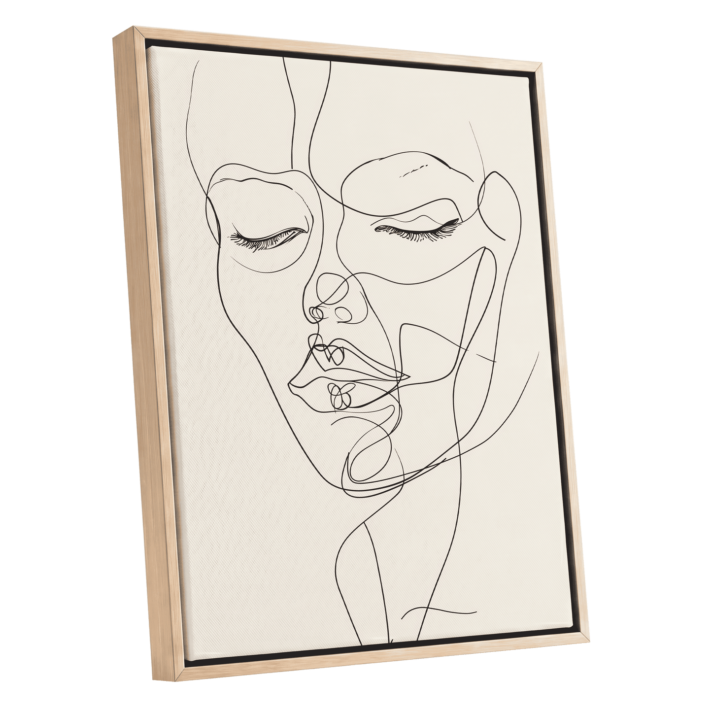 Double Portrait in Line, black, beige minimalist wall art shown as a oak framed canvas wall art