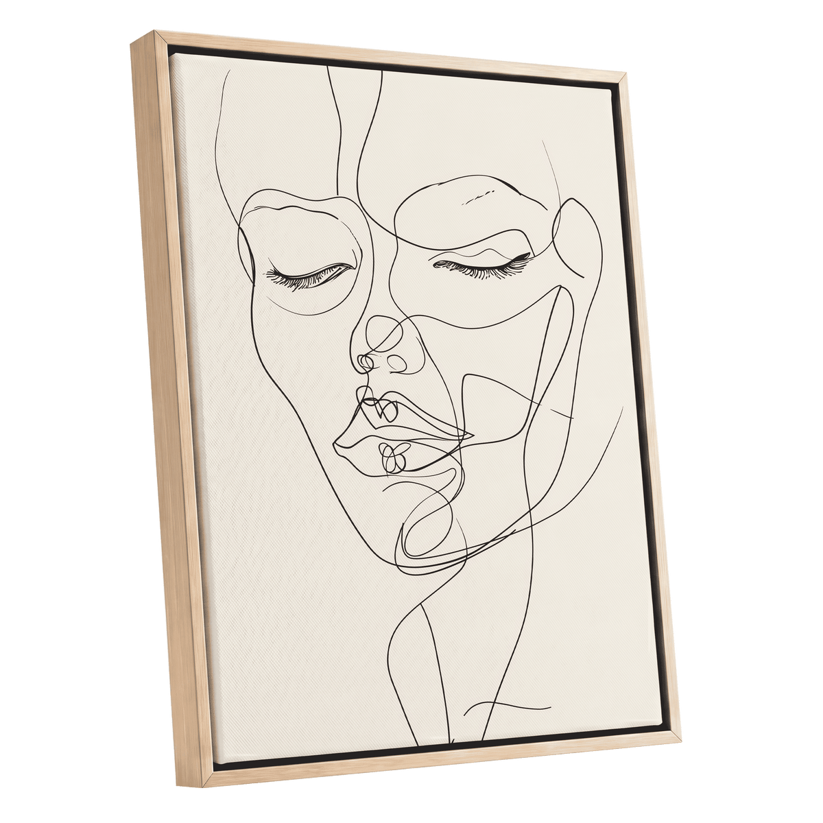 Double Portrait in Line, black, beige minimalist wall art shown as a oak framed canvas wall art