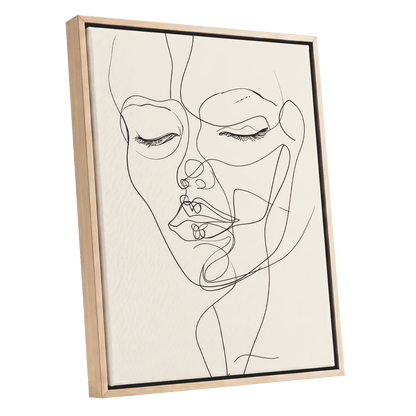 Double Portrait in Line, black, beige minimalist wall art shown as a oak framed canvas wall art