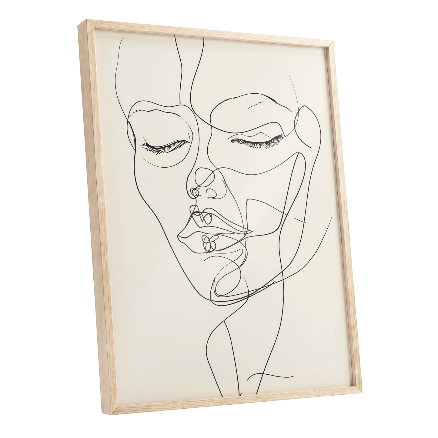 Double Portrait in Line, black, beige minimalist wall art shown as a oak framed poster wall art print