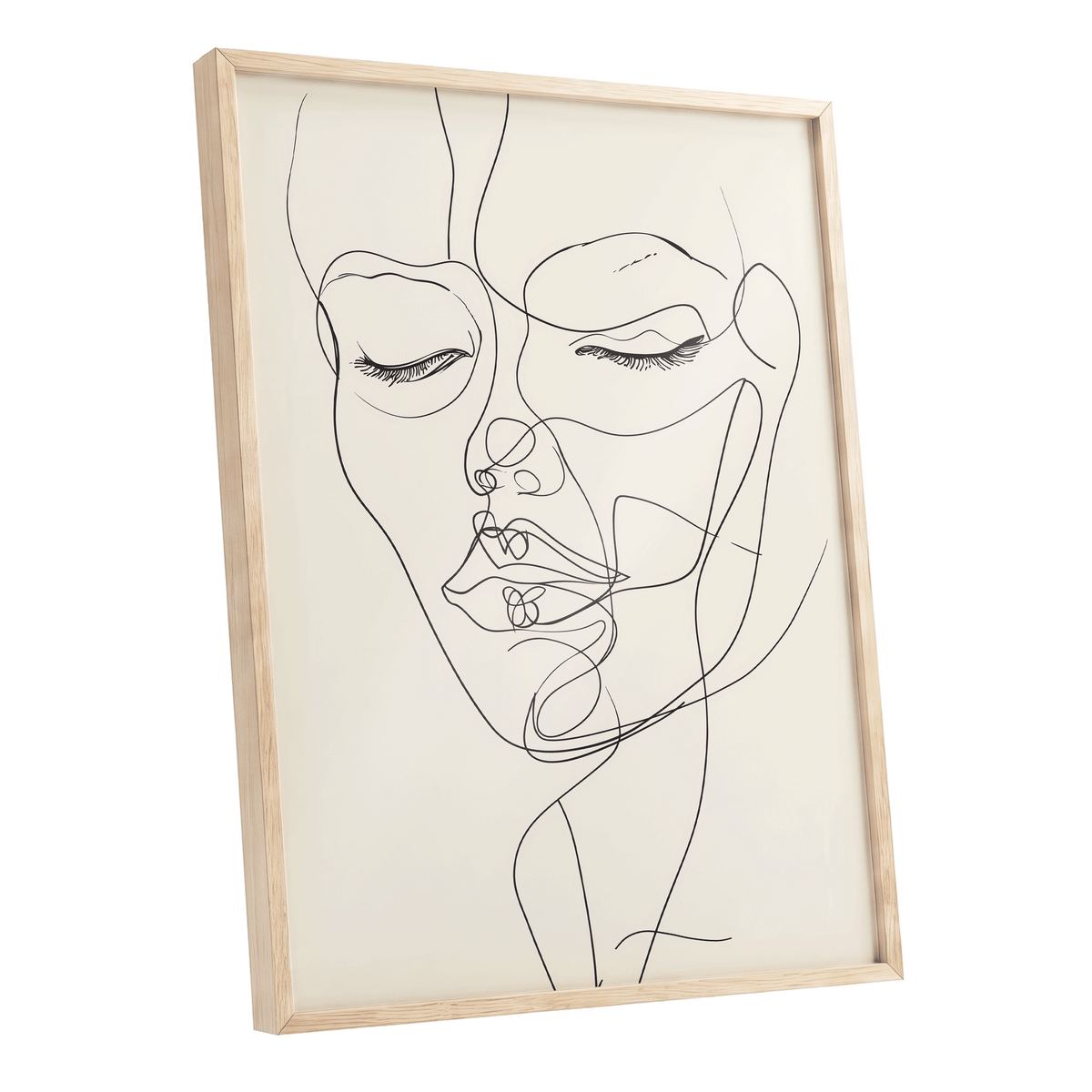 Double Portrait in Line, black, beige minimalist wall art shown as a oak framed poster wall art print