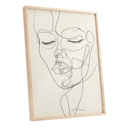 Double Portrait in Line, black, beige minimalist wall art shown as a oak framed poster wall art print