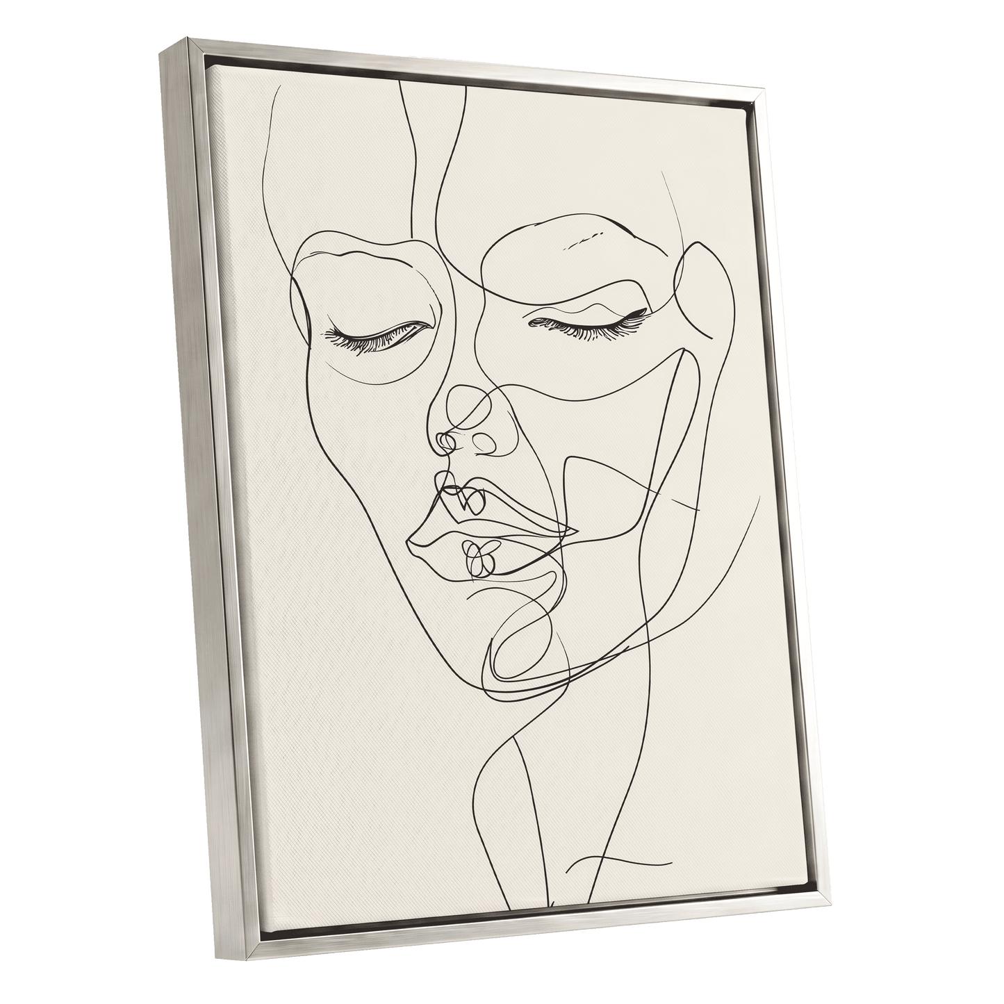 Double Portrait in Line, black, beige minimalist wall art shown as a silver framed canvas wall art