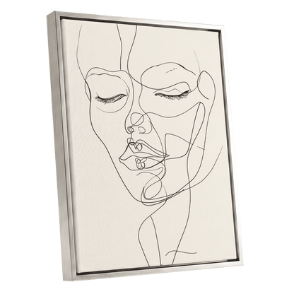 Double Portrait in Line, black, beige minimalist wall art shown as a silver framed canvas wall art