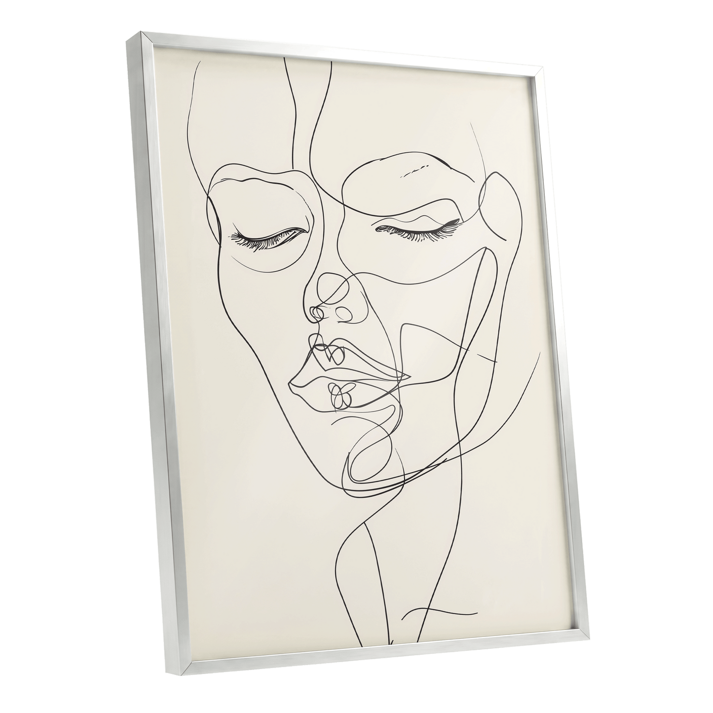 Double Portrait in Line, black, beige minimalist wall art shown as a silver framed poster wall art print