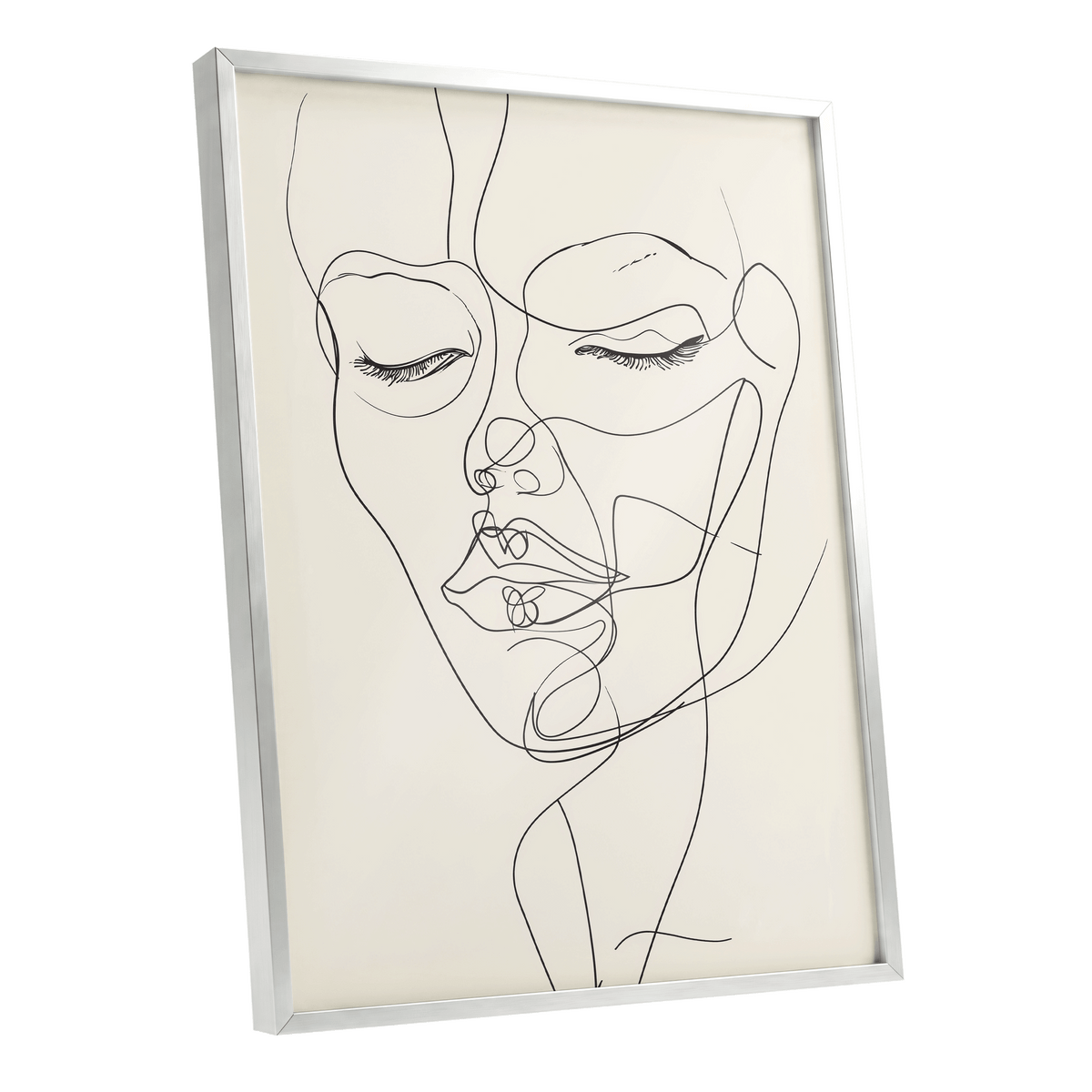 Double Portrait in Line, black, beige minimalist wall art shown as a silver framed poster wall art print