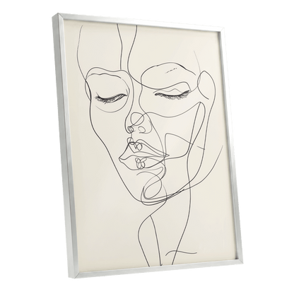 Double Portrait in Line, black, beige minimalist wall art shown as a silver framed poster wall art print