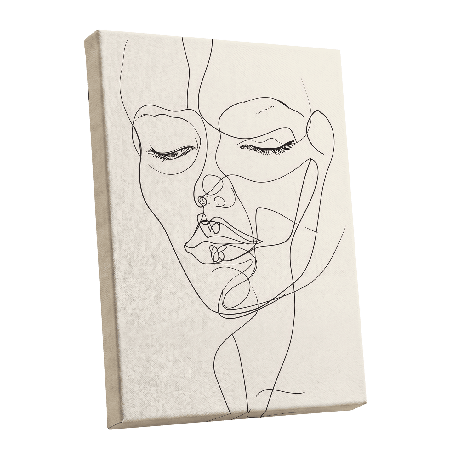 Double Portrait in Line, black, beige minimalist wall art shown as a stretched canvas wall art