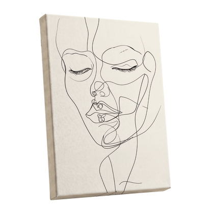 Double Portrait in Line, black, beige minimalist wall art shown as a stretched canvas wall art