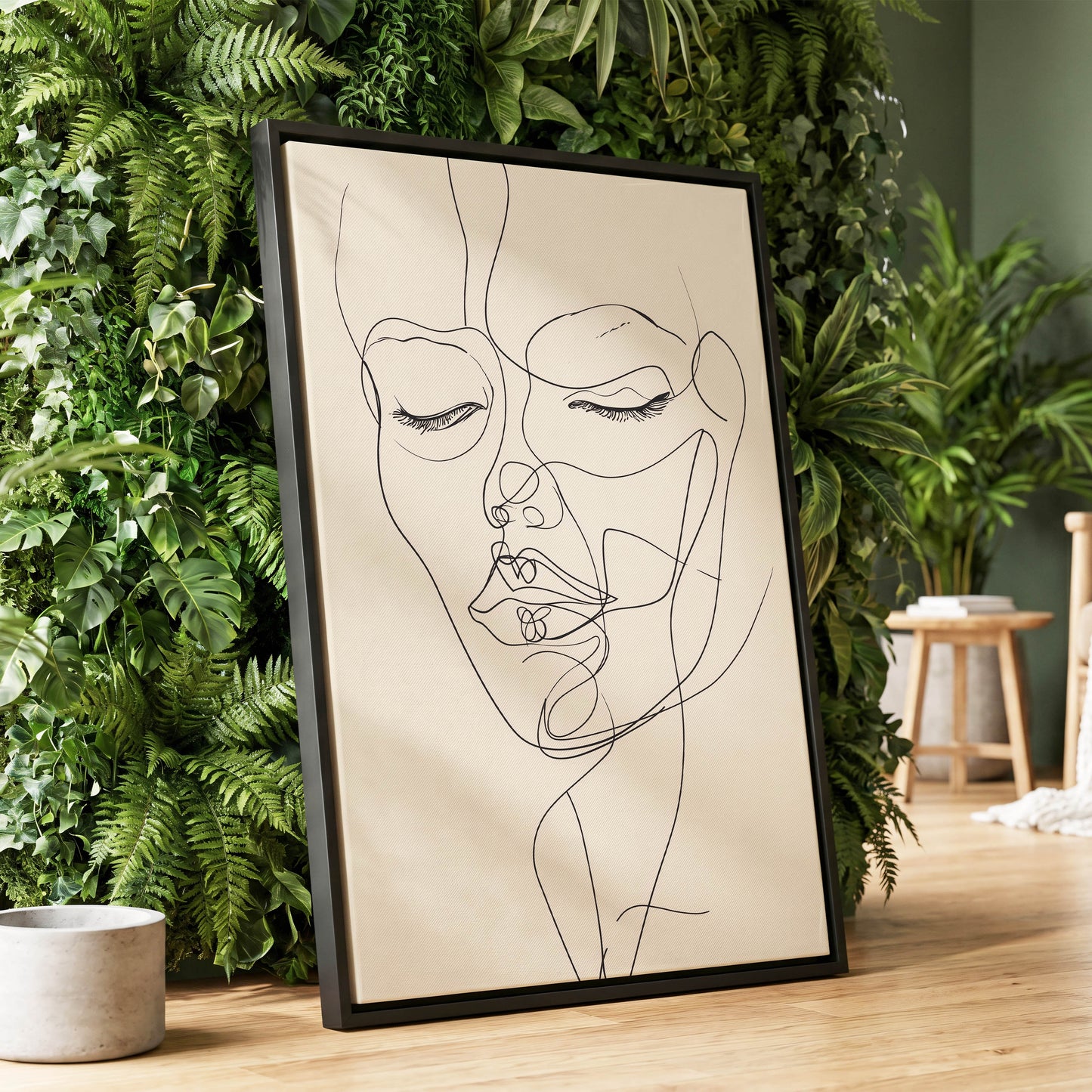 Double Portrait in Line, black, beige minimalist wall art displayed in a styled interior, gallery view 1