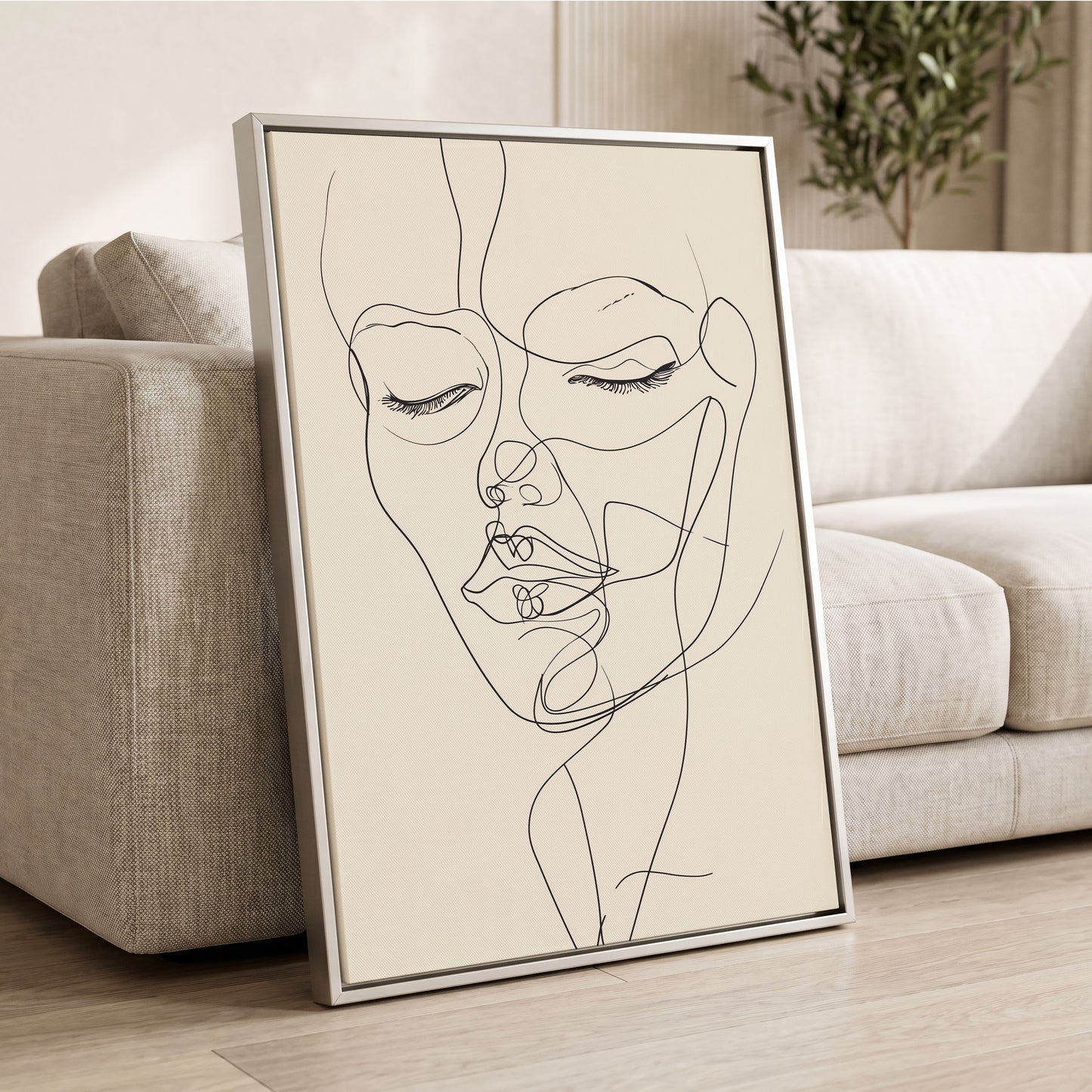 Double Portrait in Line, black, beige minimalist wall art displayed in a styled interior, gallery view 2