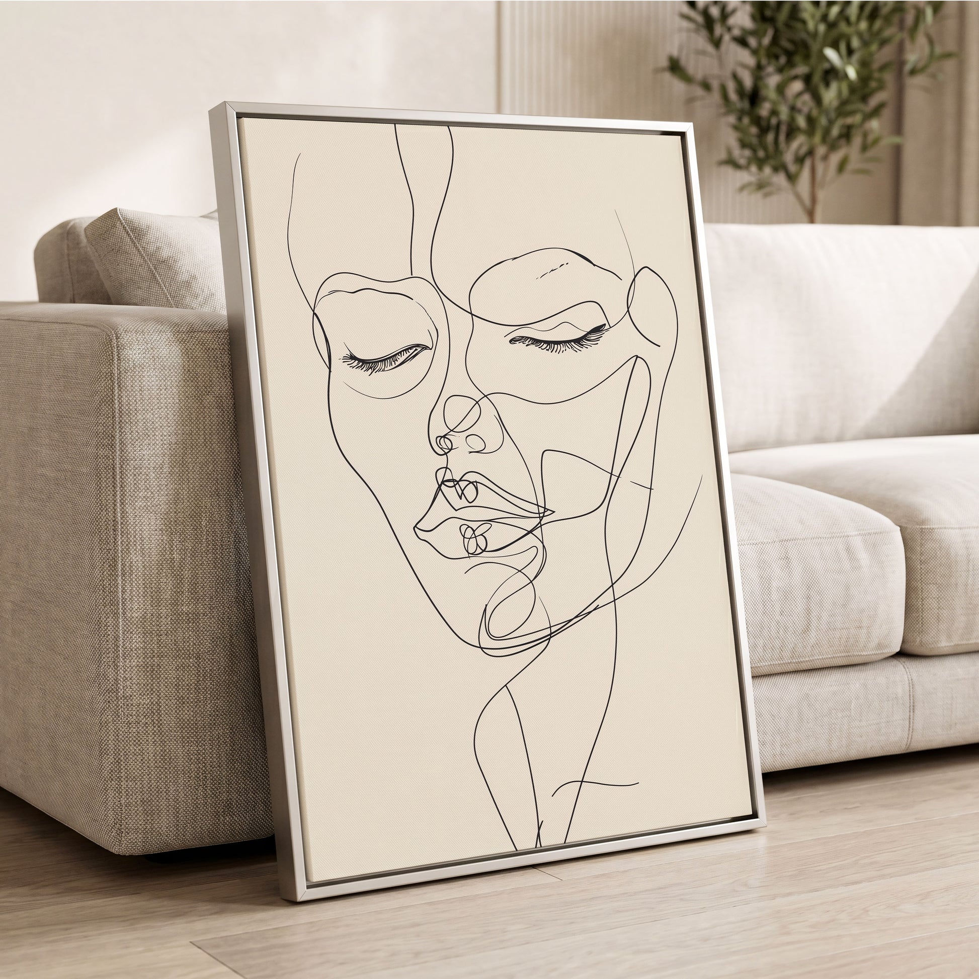 Double Portrait in Line, black, beige minimalist wall art displayed in a styled interior, gallery view 2