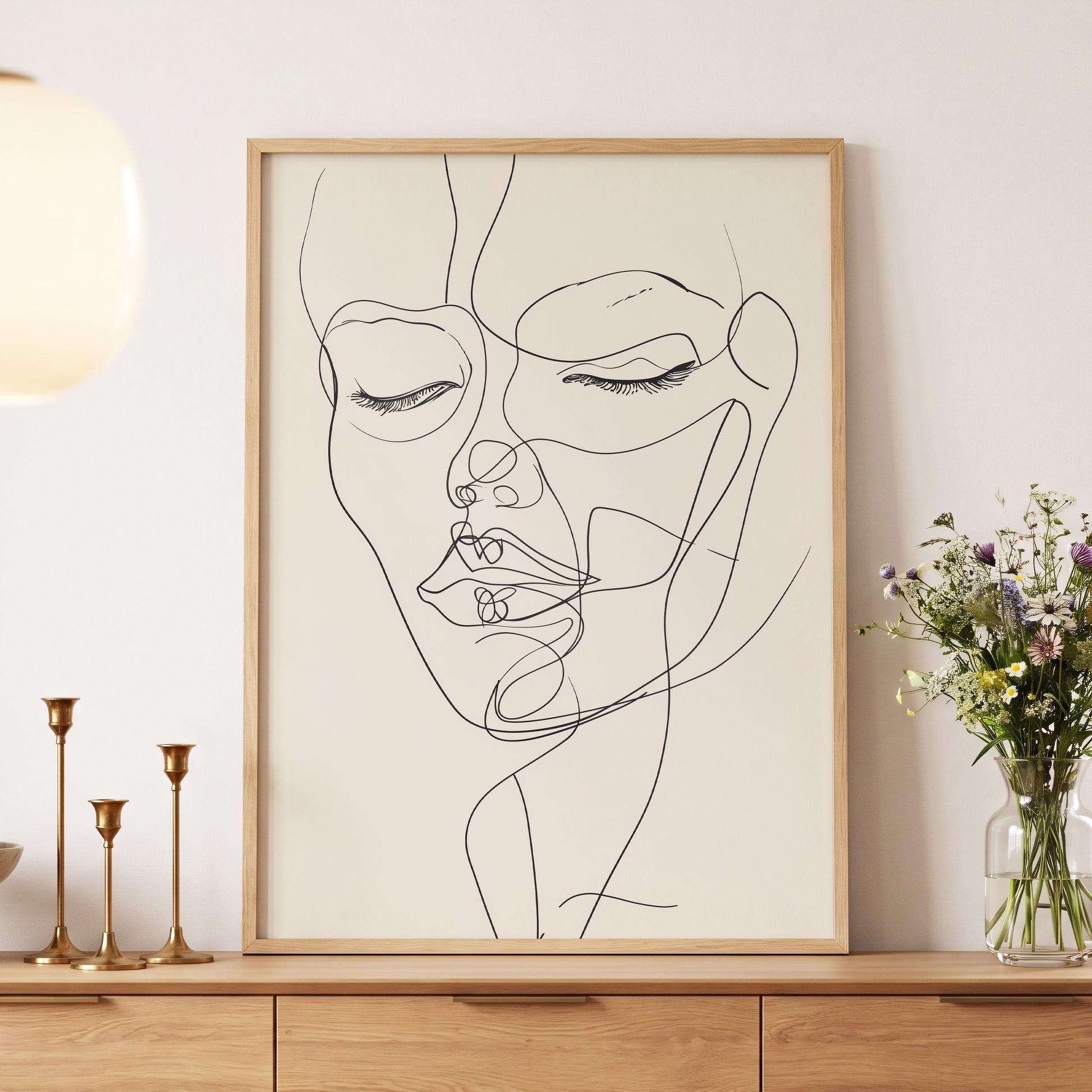 Double Portrait in Line, black, beige minimalist wall art displayed in a styled interior, gallery view 5