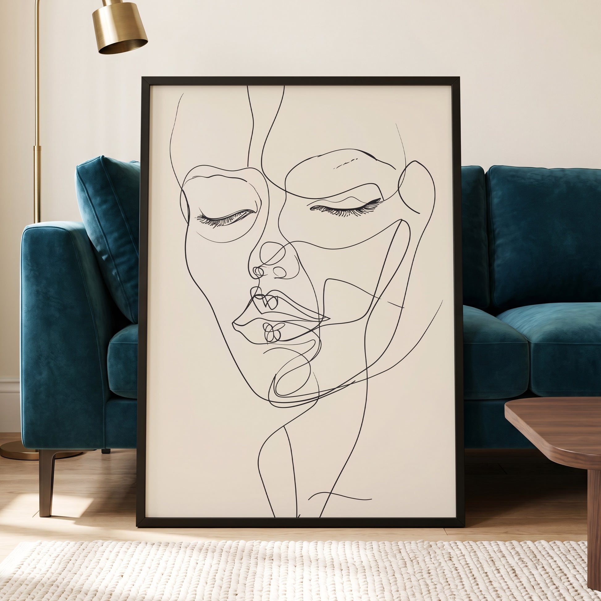 Double Portrait in Line, black, beige minimalist wall art displayed in a styled interior, gallery view 6