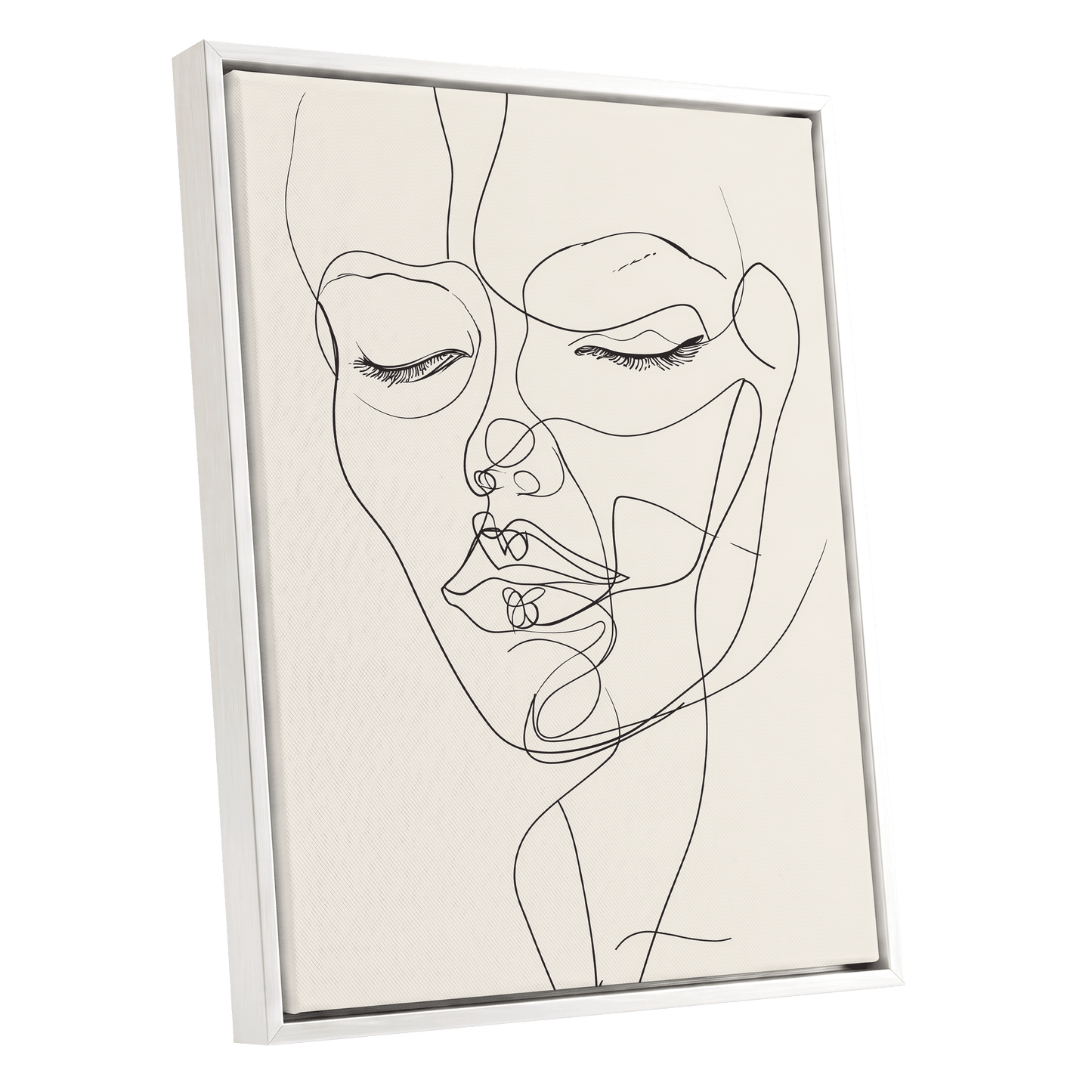Double Portrait in Line, black, beige minimalist wall art shown as a white framed canvas wall art