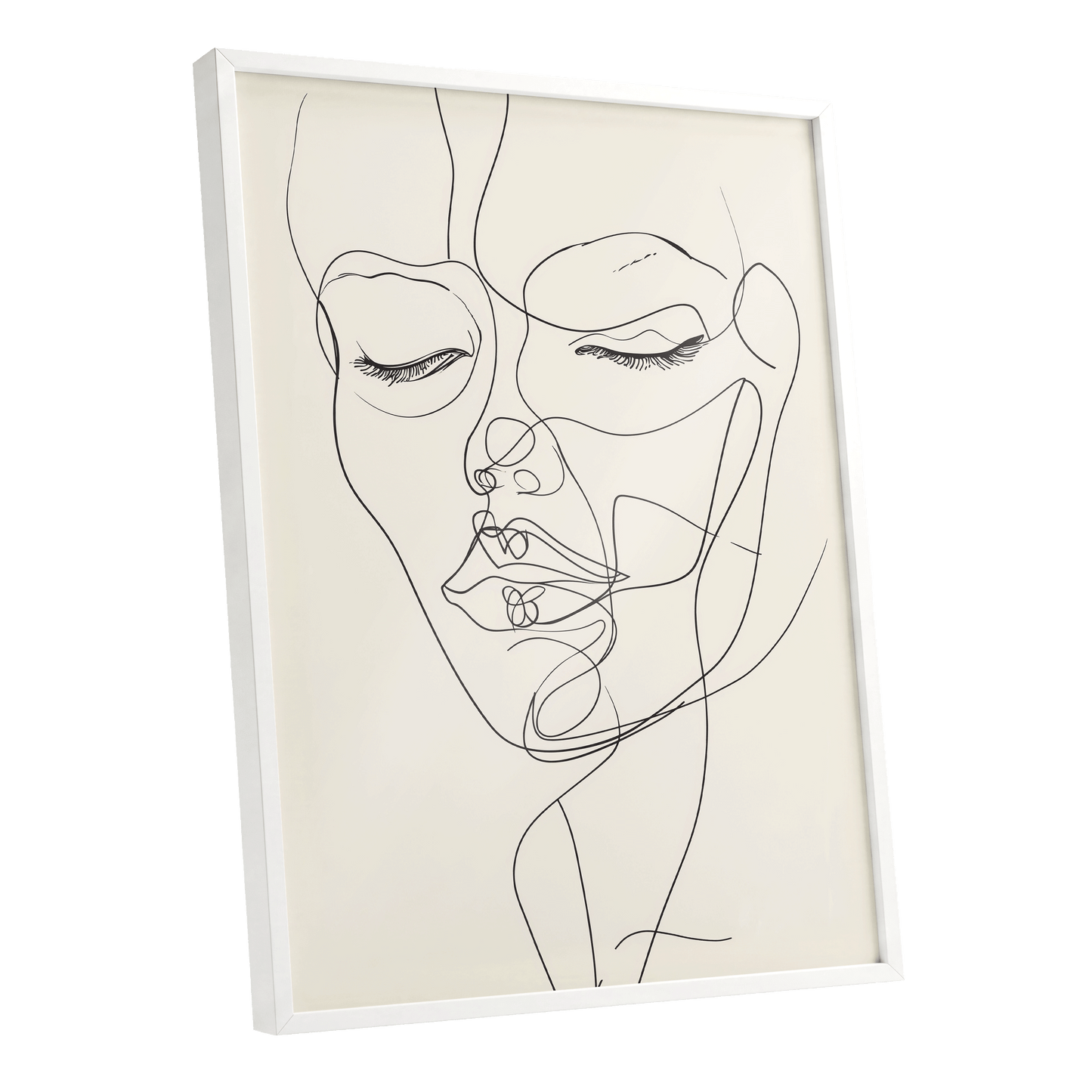 Double Portrait in Line, black, beige minimalist wall art shown as a white framed poster wall art print