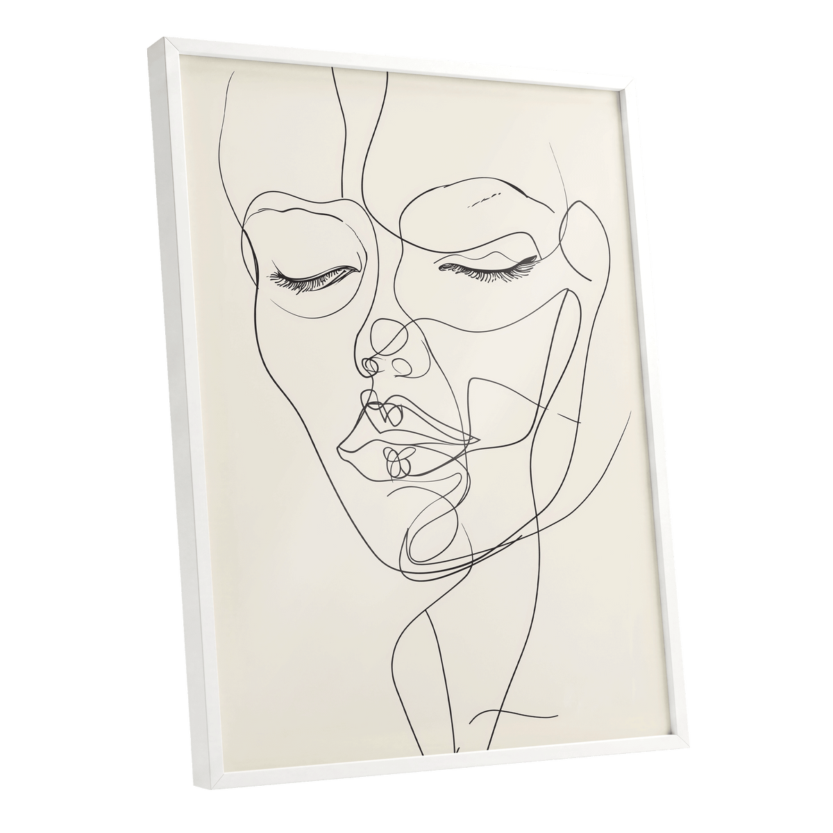 Double Portrait in Line, black, beige minimalist wall art shown as a white framed poster wall art print