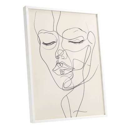 Double Portrait in Line, black, beige minimalist wall art shown as a white framed poster wall art print