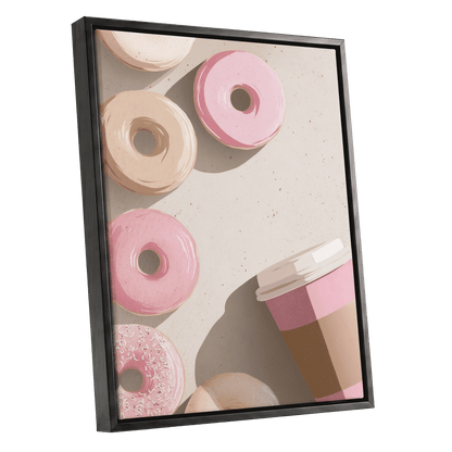 Doughnuts & Daydreams, beige, pink, brown minimalist wall art shown as a black framed canvas wall art