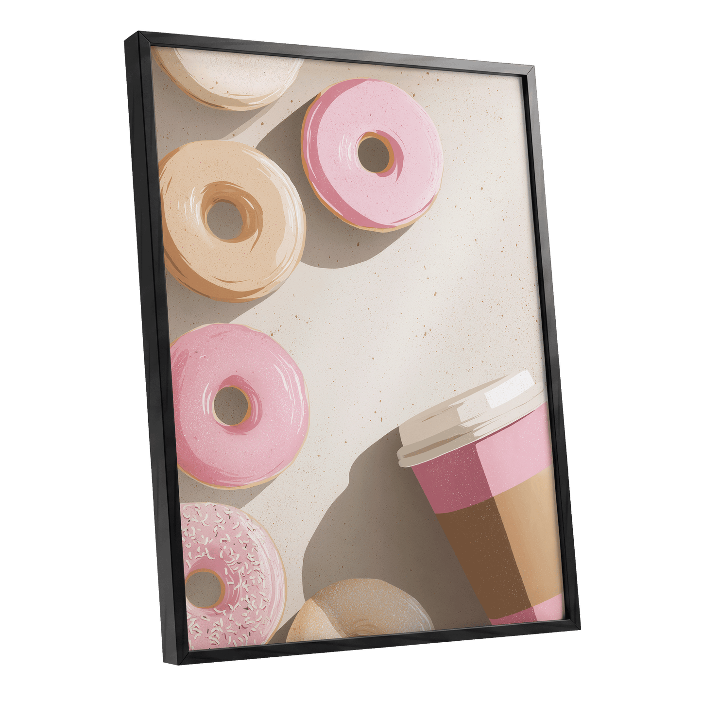 Doughnuts & Daydreams, beige, pink, brown minimalist wall art shown as a black framed poster wall art print