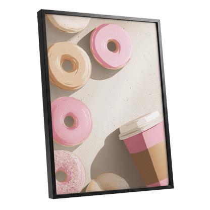 Doughnuts & Daydreams, beige, pink, brown minimalist wall art shown as a black framed poster wall art print