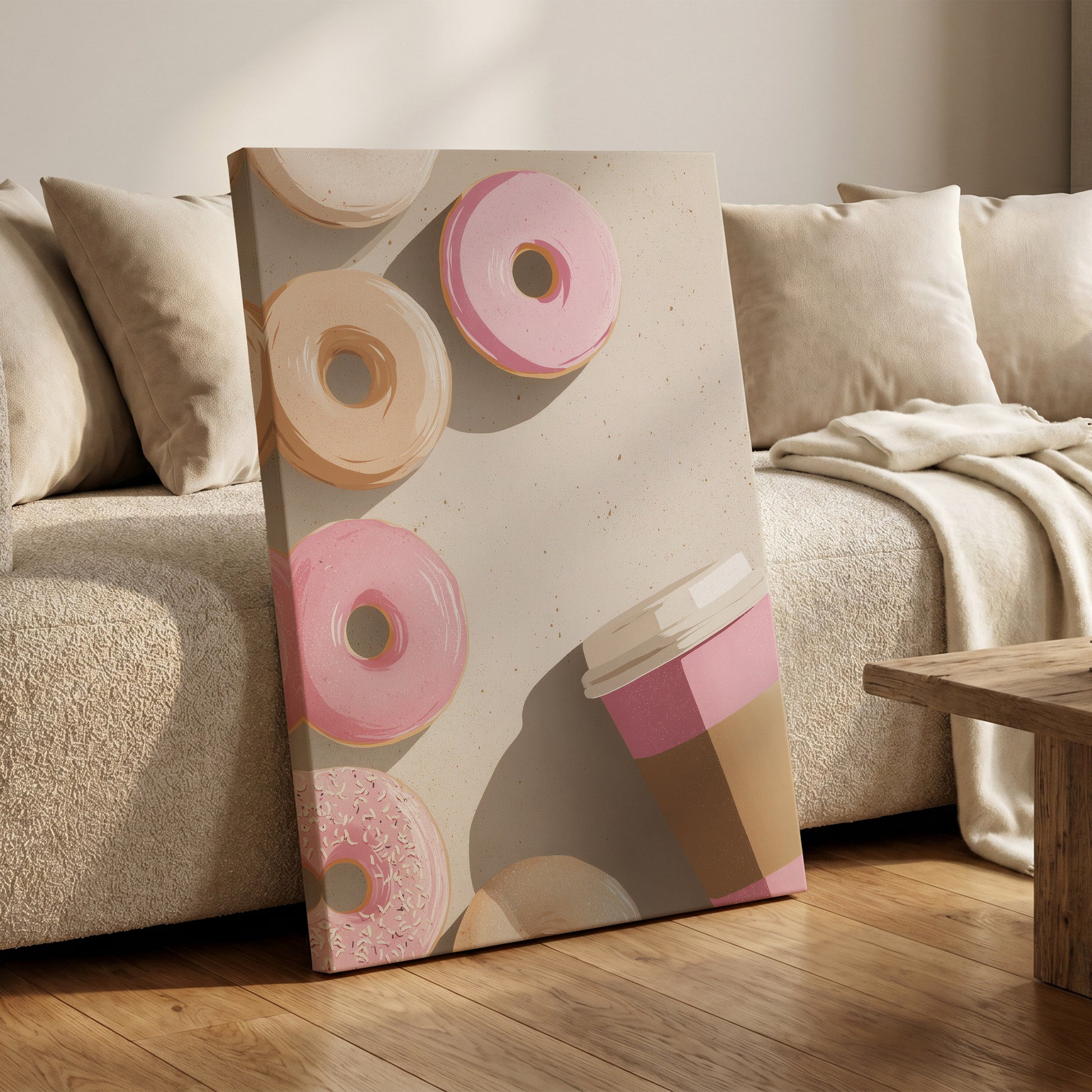 Doughnuts & Daydreams, beige, pink, brown minimalist wall art on canvas displayed in a styled interior, gallery view 1