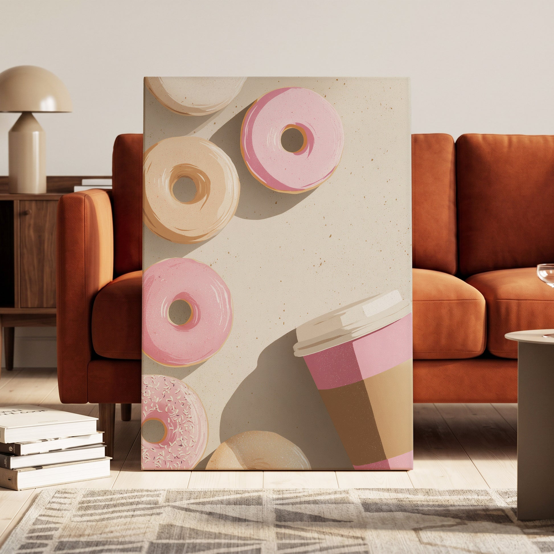 Doughnuts & Daydreams, beige, pink, brown minimalist wall art on canvas displayed in a styled interior, gallery view 2