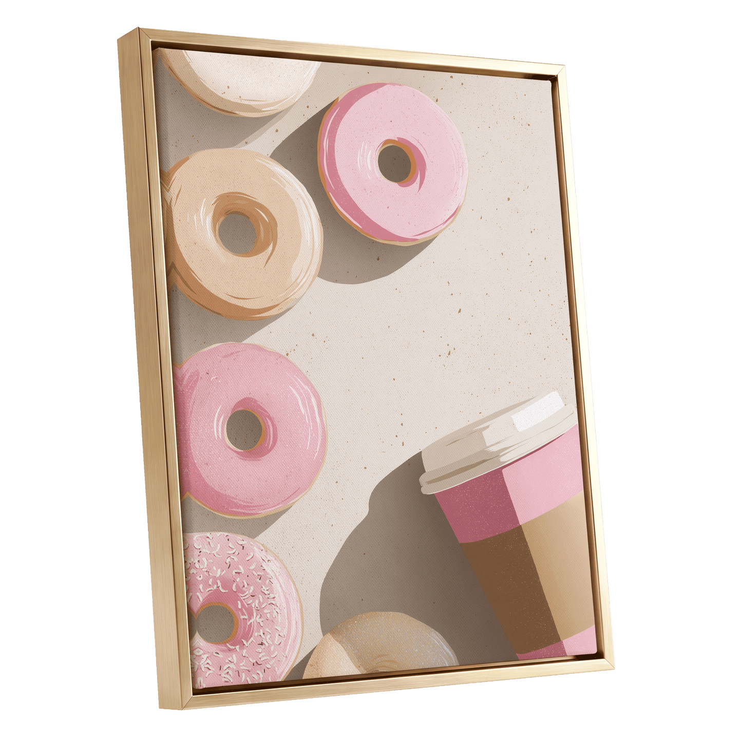Doughnuts & Daydreams, beige, pink, brown minimalist wall art shown as a gold framed canvas wall art