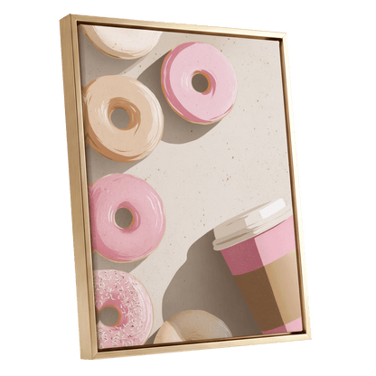 Doughnuts & Daydreams, beige, pink, brown minimalist wall art shown as a gold framed canvas wall art