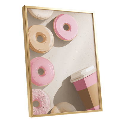 Doughnuts & Daydreams, beige, pink, brown minimalist wall art shown as a gold framed poster wall art print