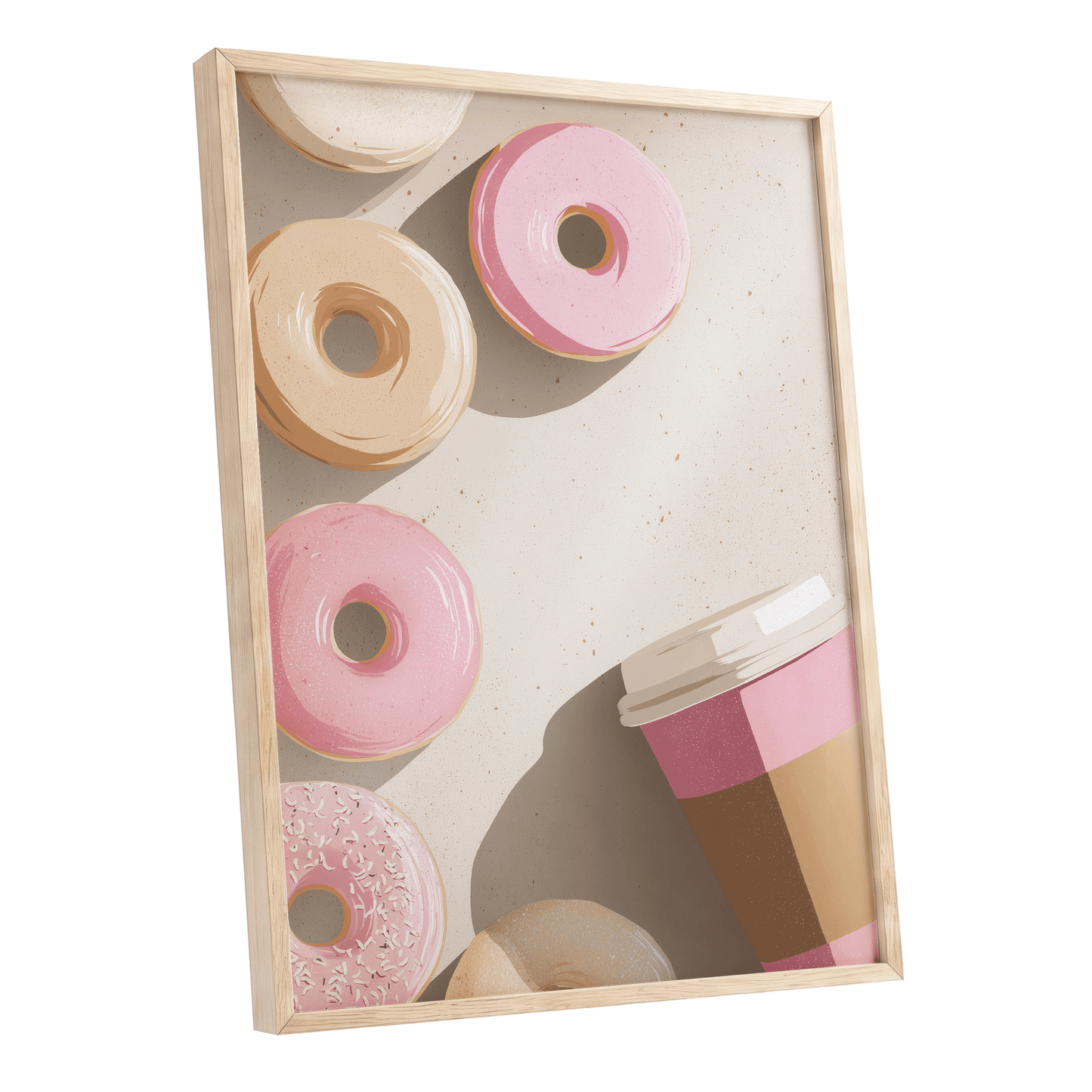 Doughnuts & Daydreams, beige, pink, brown minimalist wall art shown as a oak framed poster wall art print
