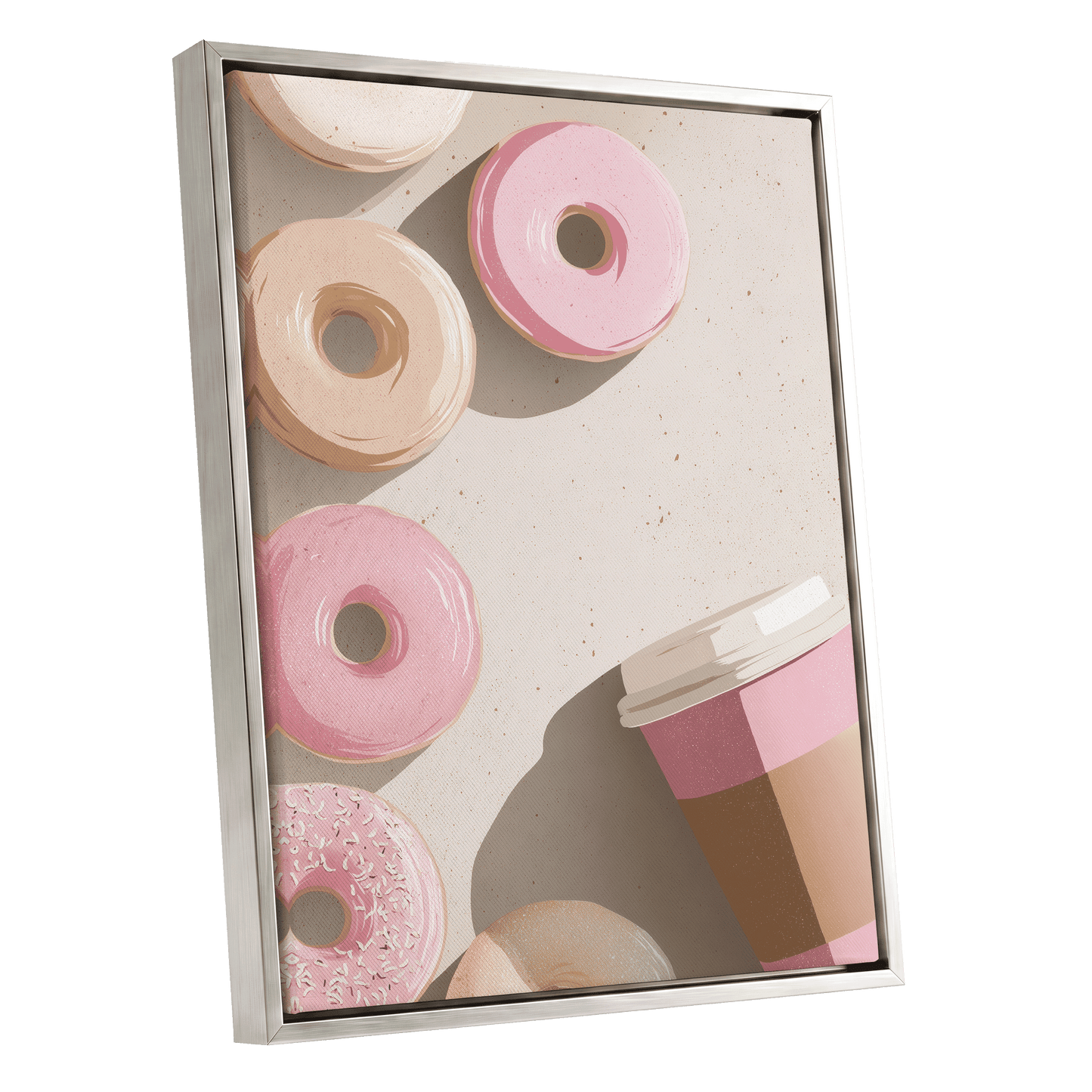 Doughnuts & Daydreams, beige, pink, brown minimalist wall art shown as a silver framed canvas wall art
