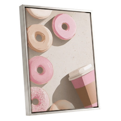 Doughnuts & Daydreams, beige, pink, brown minimalist wall art shown as a silver framed canvas wall art