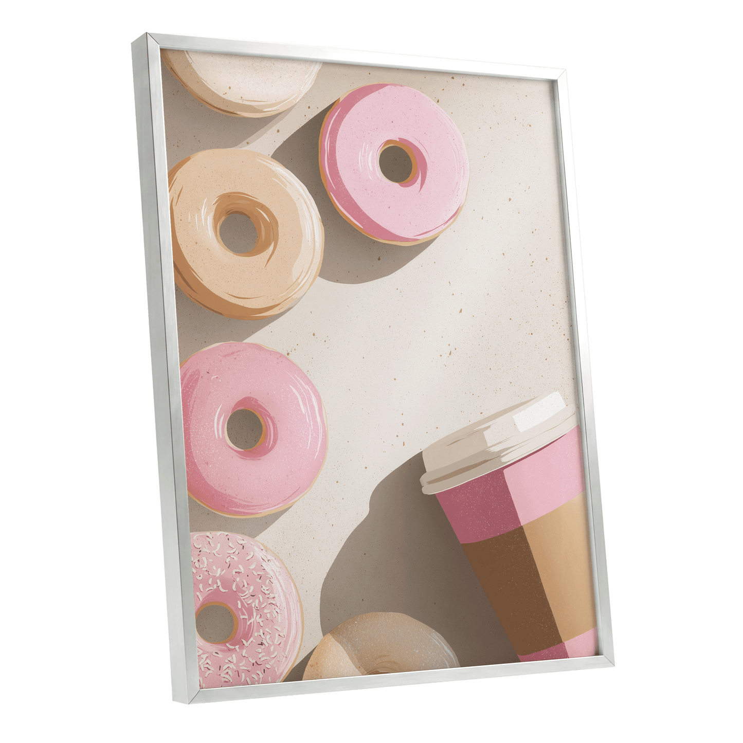 Doughnuts & Daydreams, beige, pink, brown minimalist wall art shown as a silver framed poster wall art print