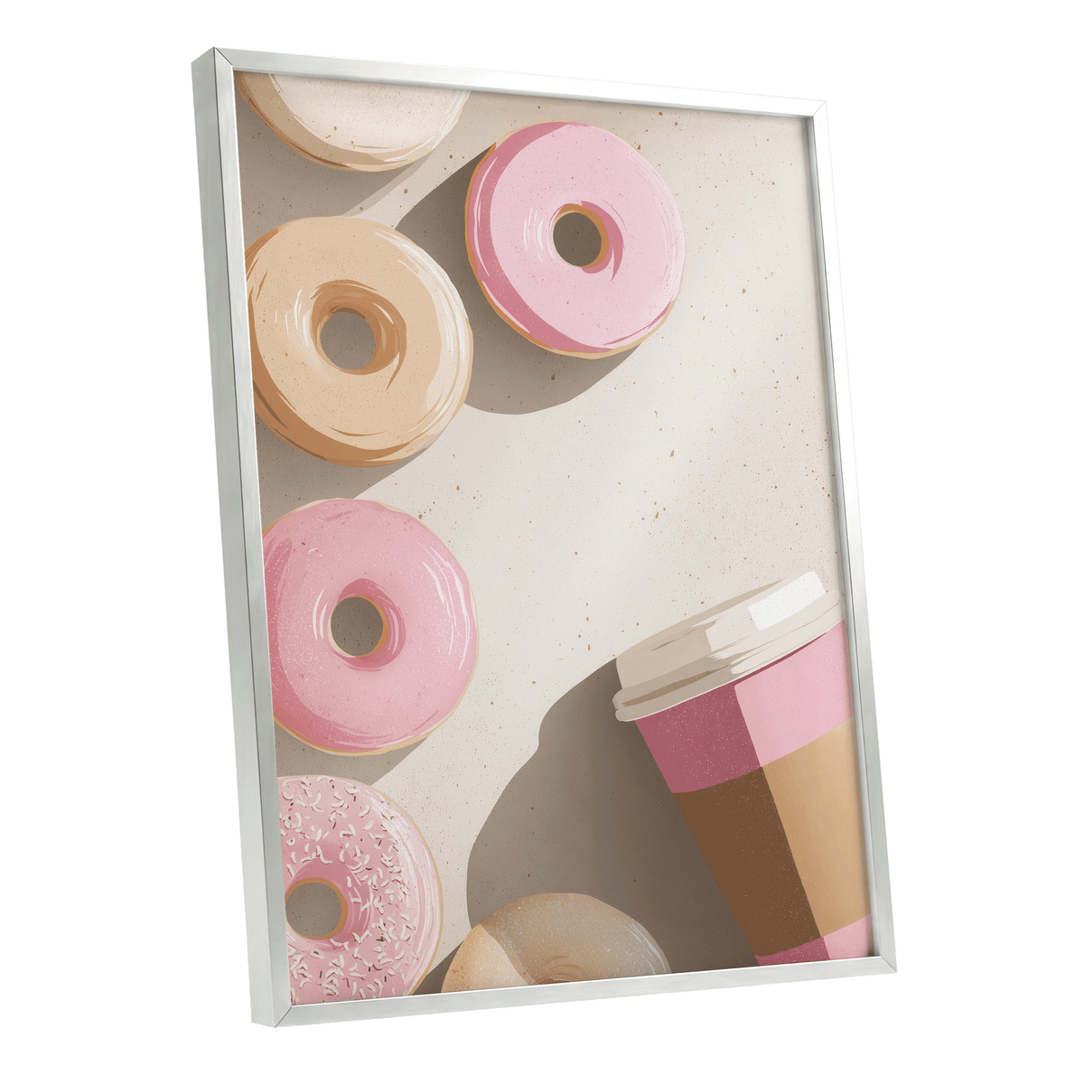 Doughnuts & Daydreams, beige, pink, brown minimalist wall art shown as a silver framed poster wall art print
