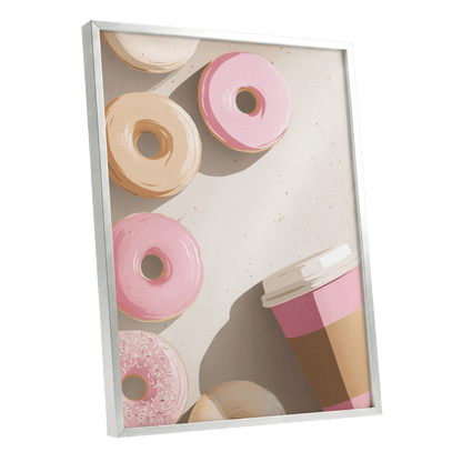 Doughnuts & Daydreams, beige, pink, brown minimalist wall art shown as a silver framed poster wall art print