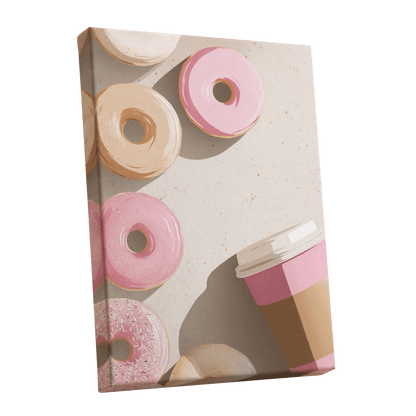 Doughnuts & Daydreams, beige, pink, brown minimalist wall art shown as a stretched canvas wall art