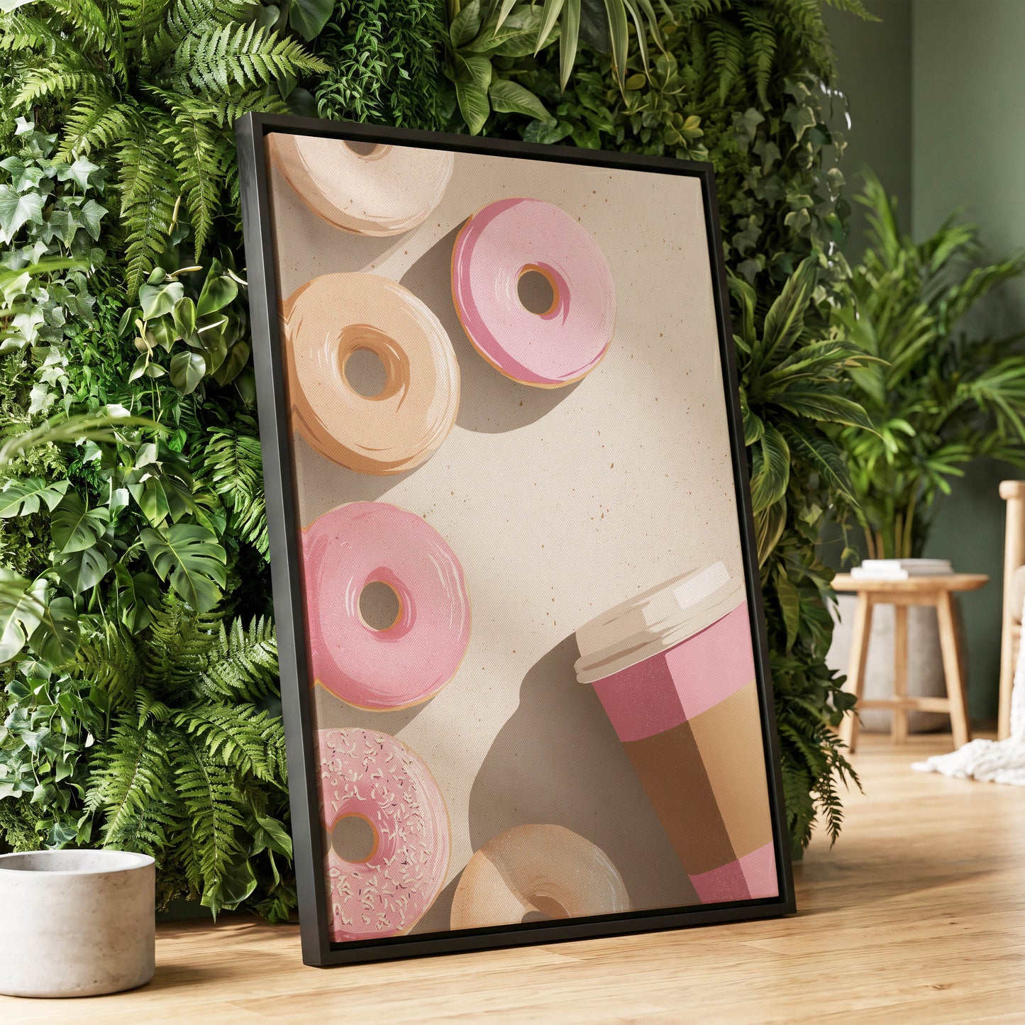 Doughnuts & Daydreams, beige, pink, brown minimalist wall art displayed in a styled interior, gallery view 1