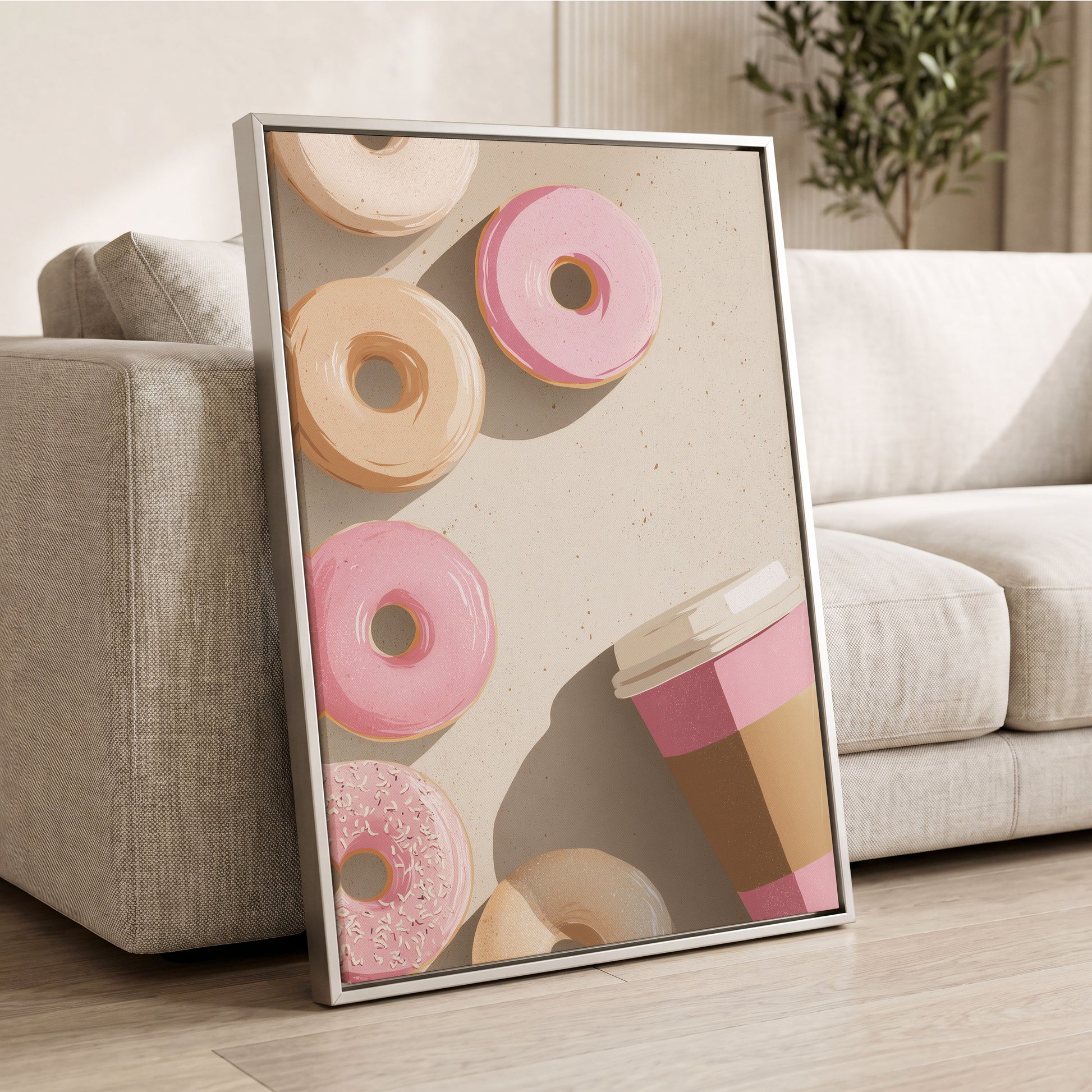 Doughnuts & Daydreams, beige, pink, brown minimalist wall art displayed in a styled interior, gallery view 2