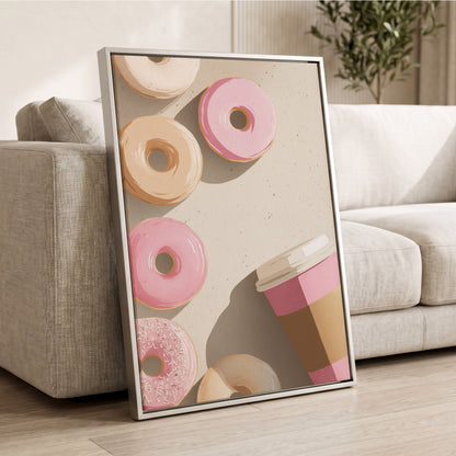 Doughnuts & Daydreams, beige, pink, brown minimalist wall art displayed in a styled interior, gallery view 2